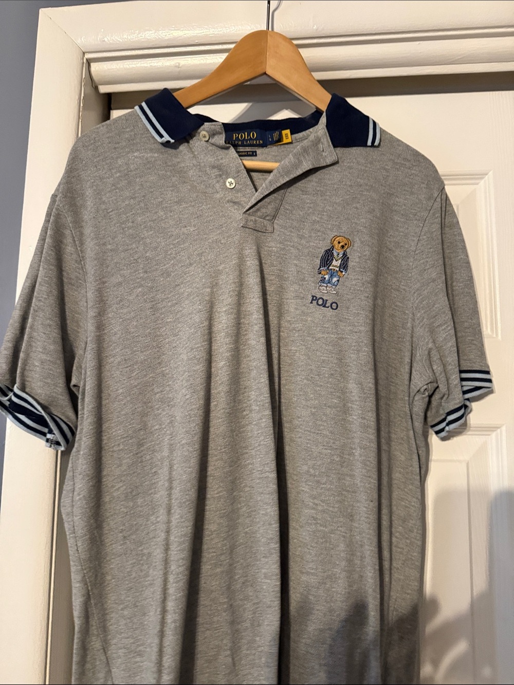 Polo by Ralph Lauren Heather Gray Polo with Navy Trim and Bear Patch